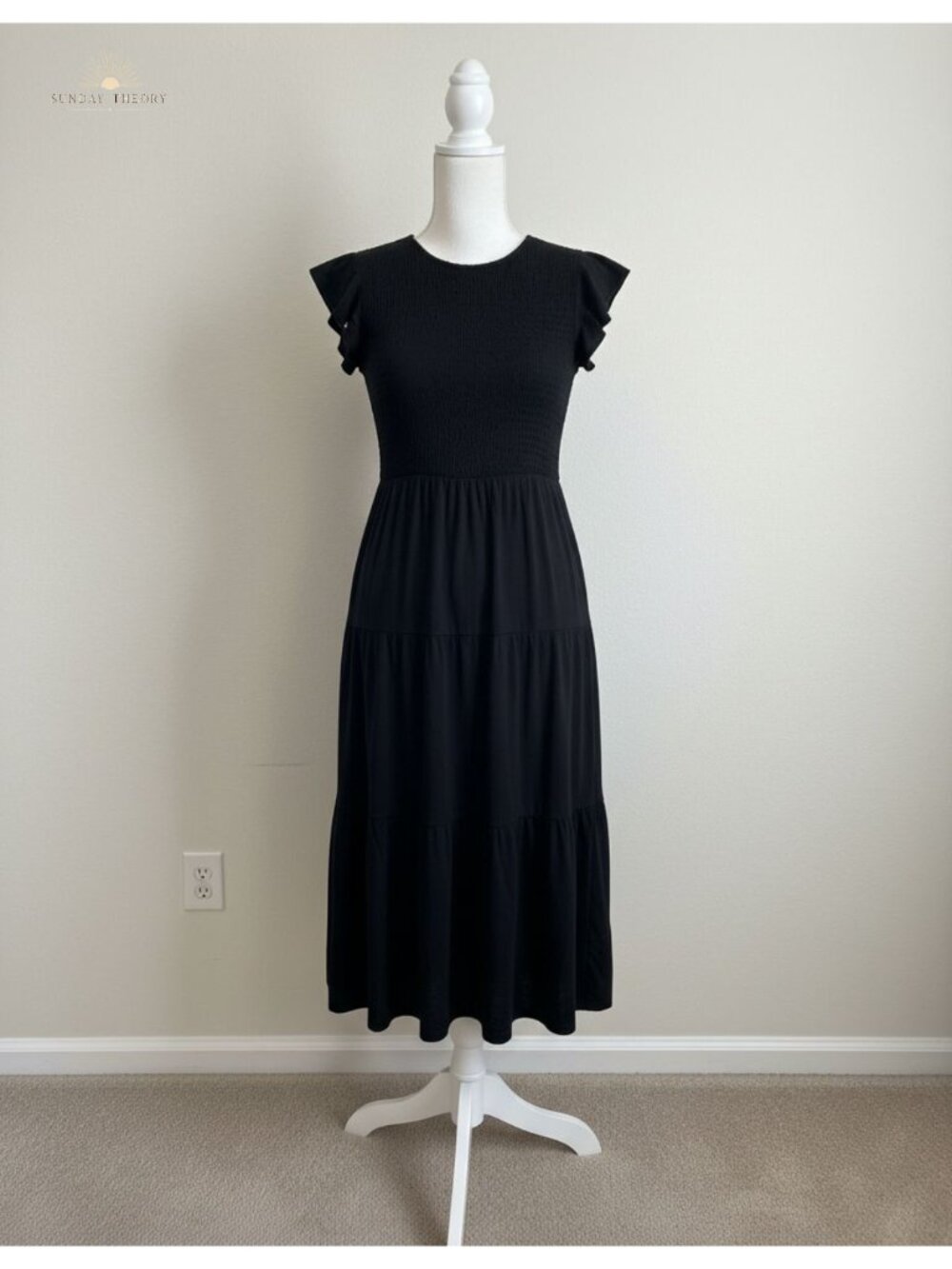 Smocked Midi Dress Flutter Sleeve Rayon Cottagecore Casual